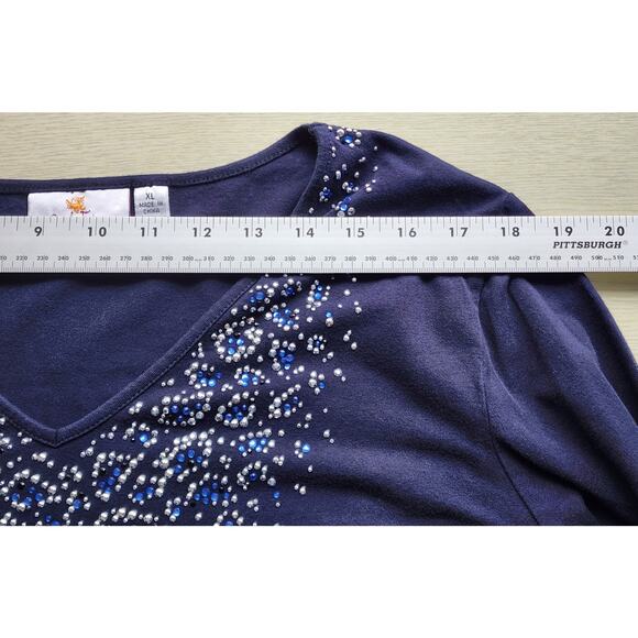 TOP/BLOUSE-QUACKER FACTORY-Navy Blue-V-Neck-Rhinestones-Studs-3/4 Sleeve-XL - Picture 9 of 14
